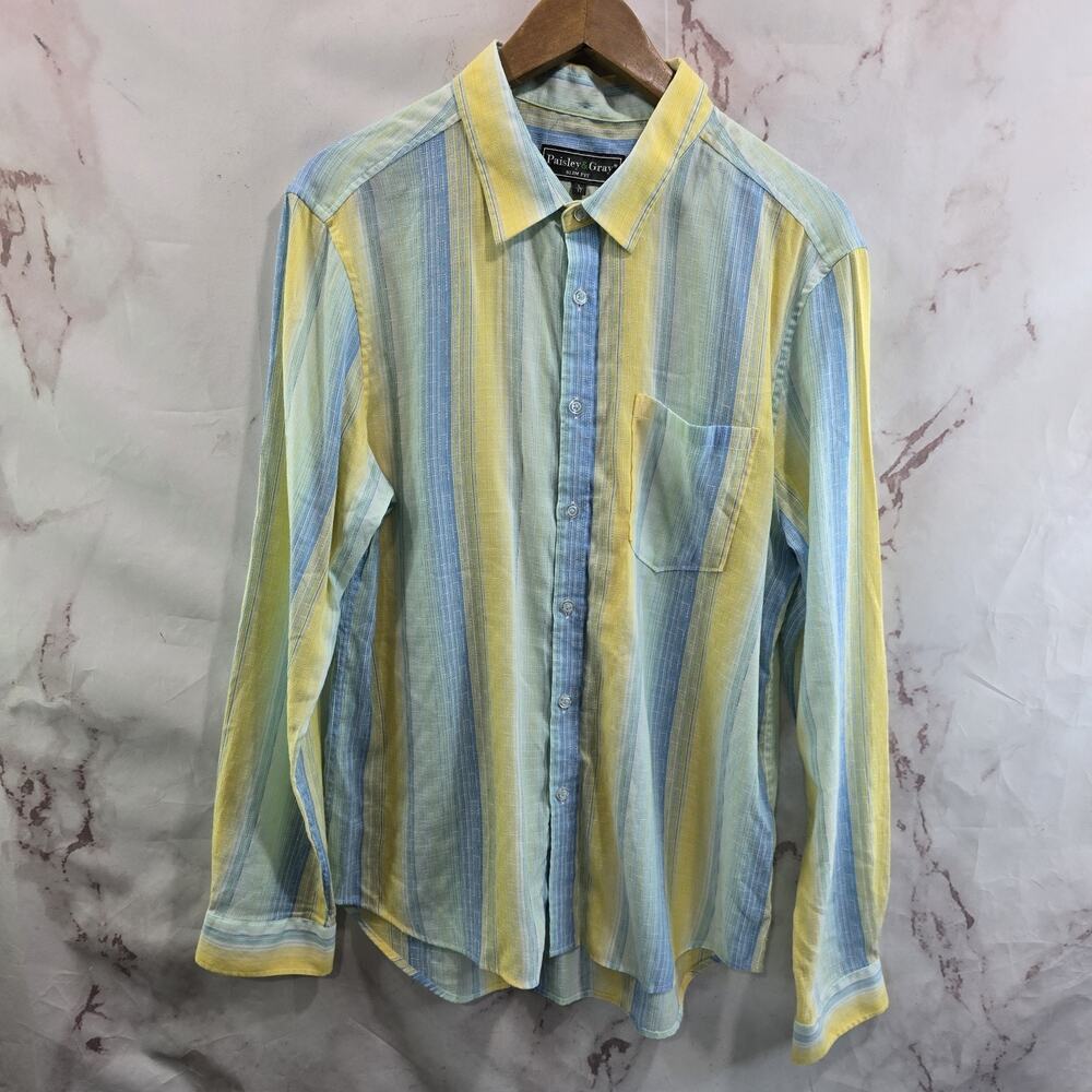 Paisley And Gray Shirt Mens Large 17 Blue Yellow Button Up Long Sleeve Vertical